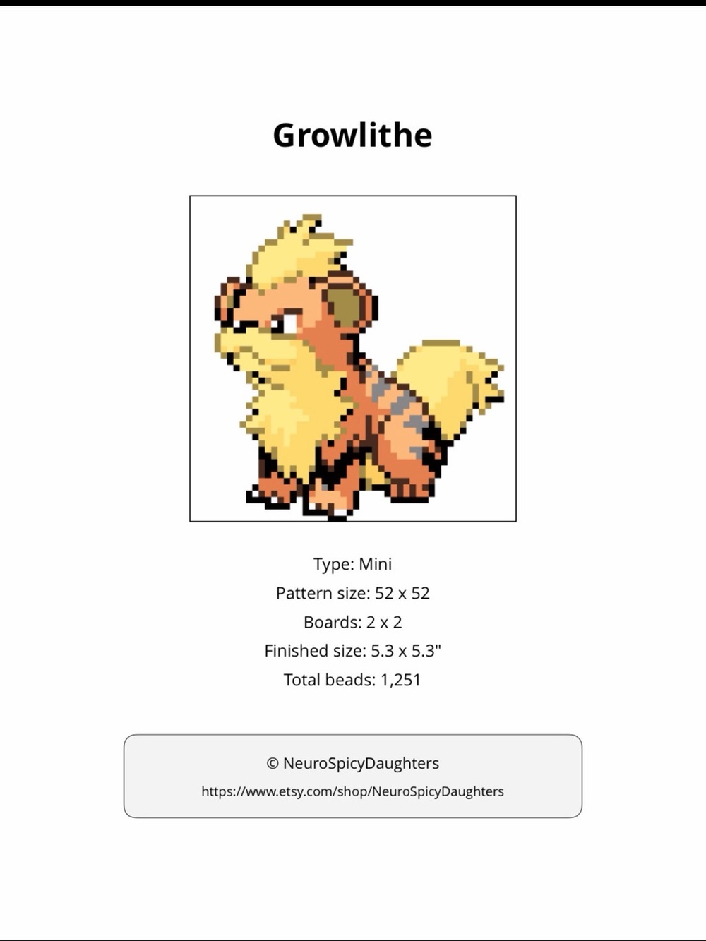 PHYSICAL COPY Pokemon Growlithe Pixel Art Bead Sprite - Yellow, Orange, Black